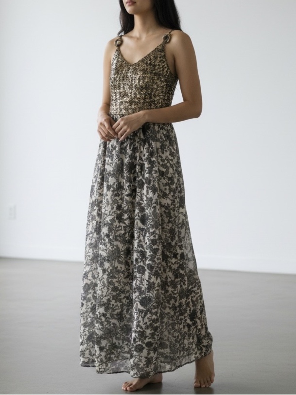 Free People Floral Maxi Dress in Black and Cream